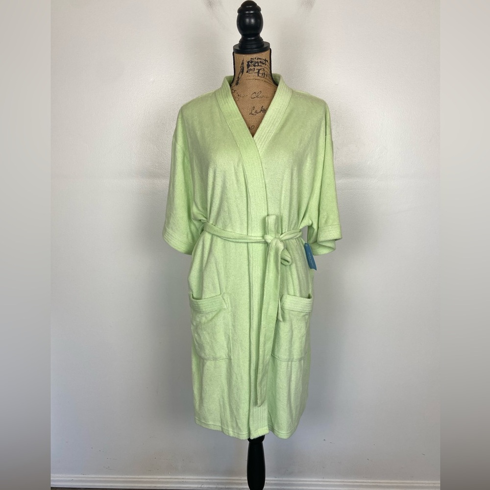 Erika Taylor Women's‎ Robe Size L Green Terry Cloth Short Sleeves Cotton Blend
